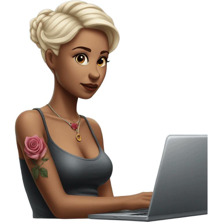 Hyper Realistic beautiful woman model with a small rose tattoo typing on a laptop  emoji