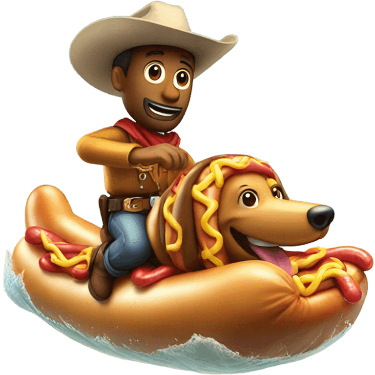 Cowboy riding a hotdog and beach in ocean  emoji