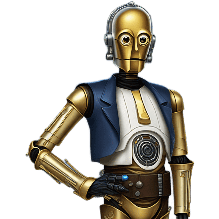 tarnished undercover tough well-equipped Jedi  life-sized darkblue-pearl C3po as a friendly droid wearing a leather clothing old west duster coat holding light saber  emoji