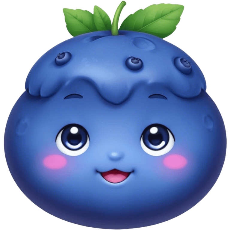 Cute Kawaii Blueberry, small and chubby, deep blue-purple with a tiny leafy crown, bright sparkling eyes, a soft round body, cute blushing cheeks, full of berry sweetness! emoji