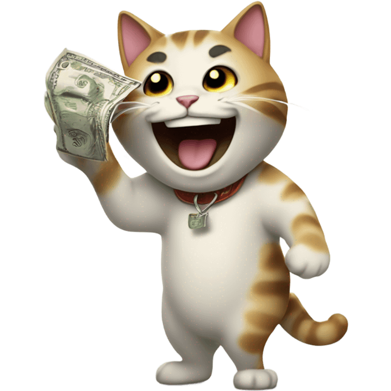 A cat laughing with money in its hands emoji