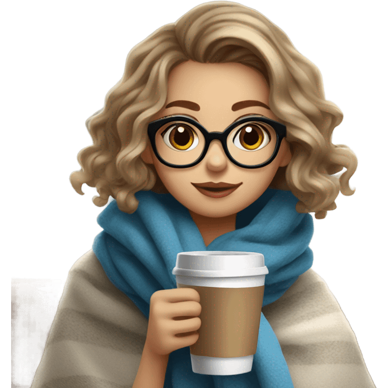 Balayage short hair Girl drinking coffee, with a cozy blanket wearing glasses with blue eyes beautiful  emoji