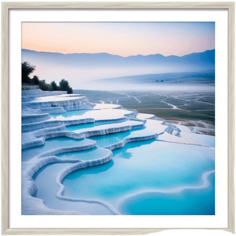 Cinematic Realistic Pamukkale Landmark Emoji, showcasing surreal cascading terraces of thermal waters rendered with ethereal textures and soft, luminous lighting. emoji