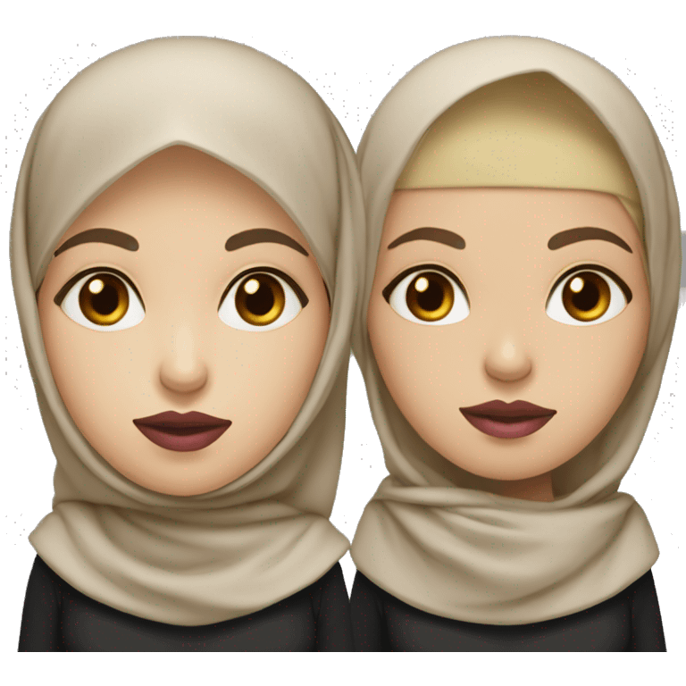 women with hijab with light skin, using a beige hijab and black shirt, have a dark eye color, and pink lips emoji