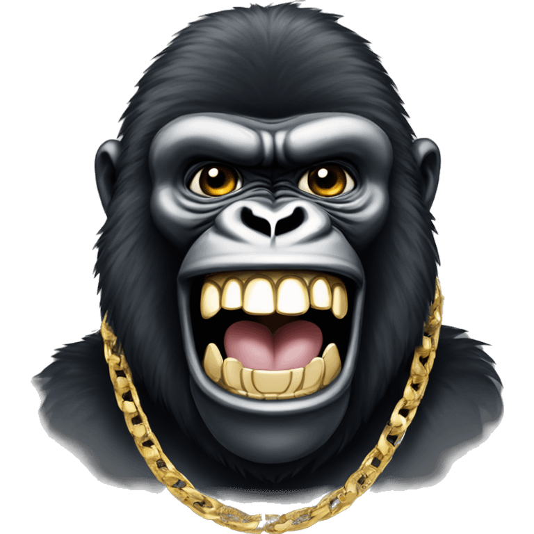 a smiling gorilla with rhinestones on his teeth and a gold rapper chain around his neck emoji