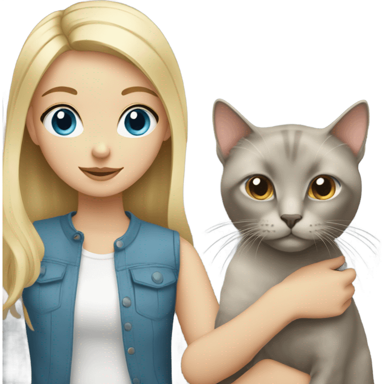 blonde girl with blue eyes holding a grey cat with brown eyes emoji