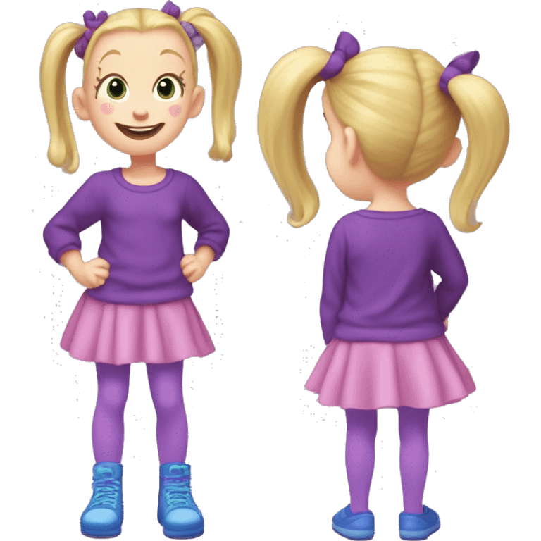 A little blonde girl with pigtails and little purple bows wearing a red long-sleeved shirt and purple overalls skirt with blue tights with green polka dots and purple sneakers, full body, rugrats emoji