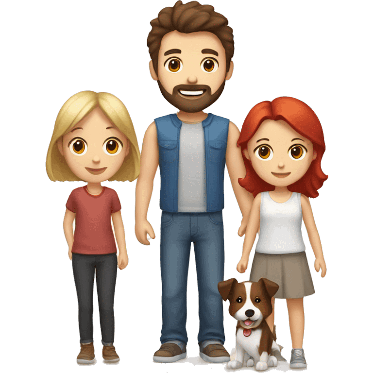 Family formed by a White man with short dark brown hair and beard and a White woman with long brown hair and a boy with blonde hair and a red and white border collie dog emoji