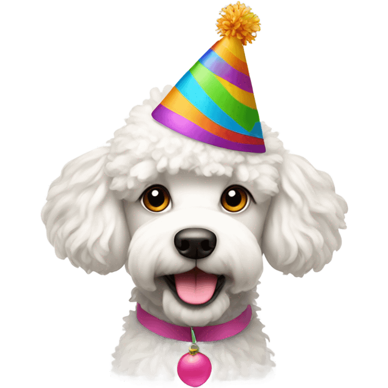 Shaggy white poodle wearing happy birthday hat emoji