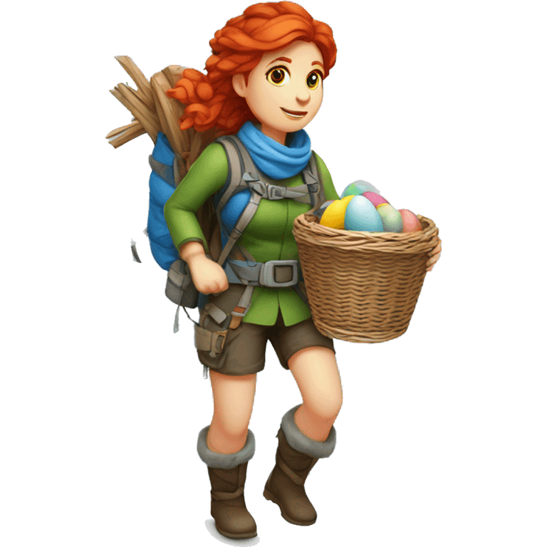 red hair female winter mountaineer climbing with Easter eggsbasket and Greek flag emoji