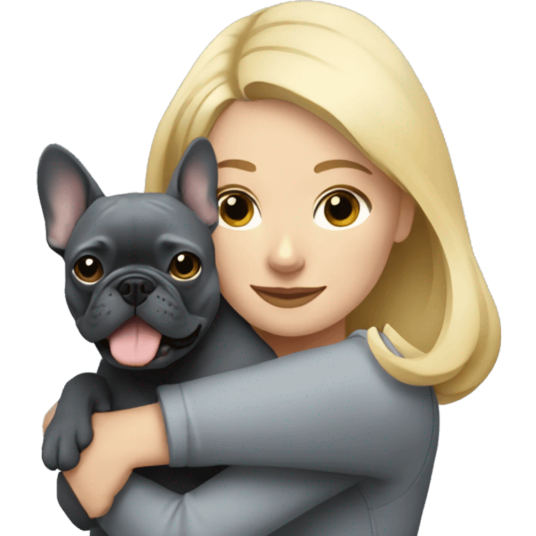 Blonde woman hugging dark gray french bulldog emoji