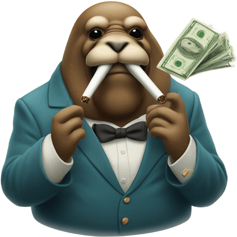 Walrus smoking a cigar holding money sticking middle finger up emoji