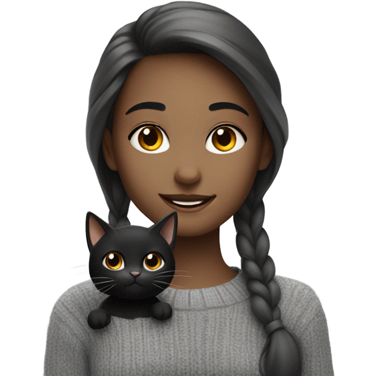 smiling girl in grey sweater with black cat emoji