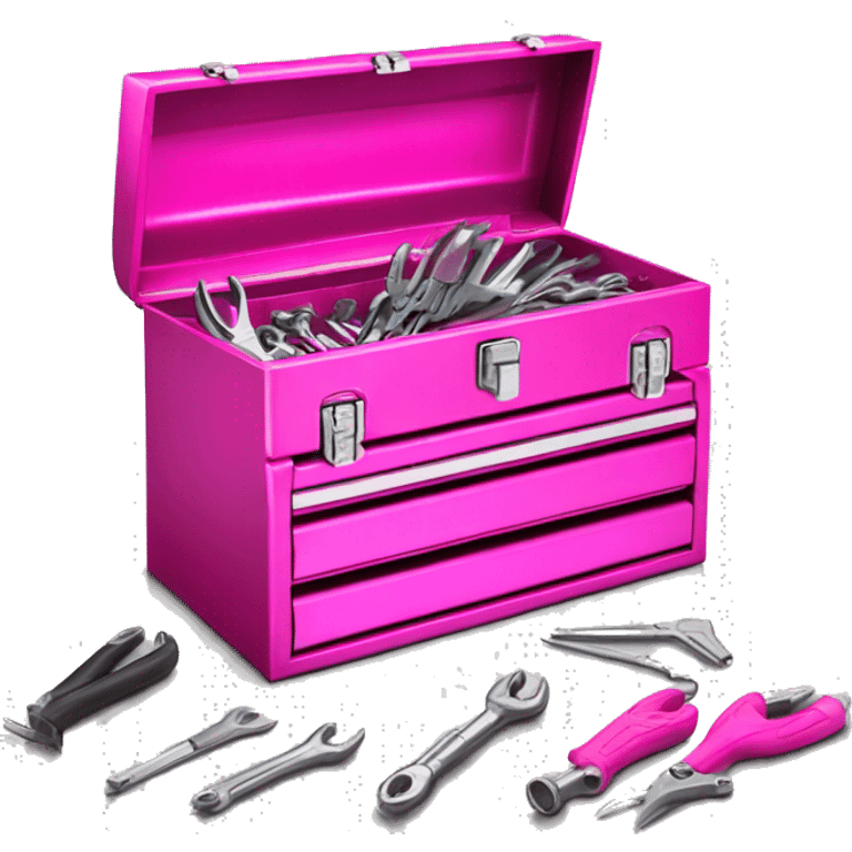 Realistic metallic hot pink tool box with top open and tools inside of it isolated.  emoji