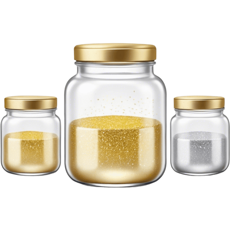 Cinematic Realistic Glitter Jars, elegant glass containers filled with ultra-fine shimmering gold and silver dust, light catching the tiny specks in a mesmerizing glow, slightly open lids revealing the rich, sparkling texture inside, set against a softly blurred background, radiating a sense of enchantment and wonder. emoji