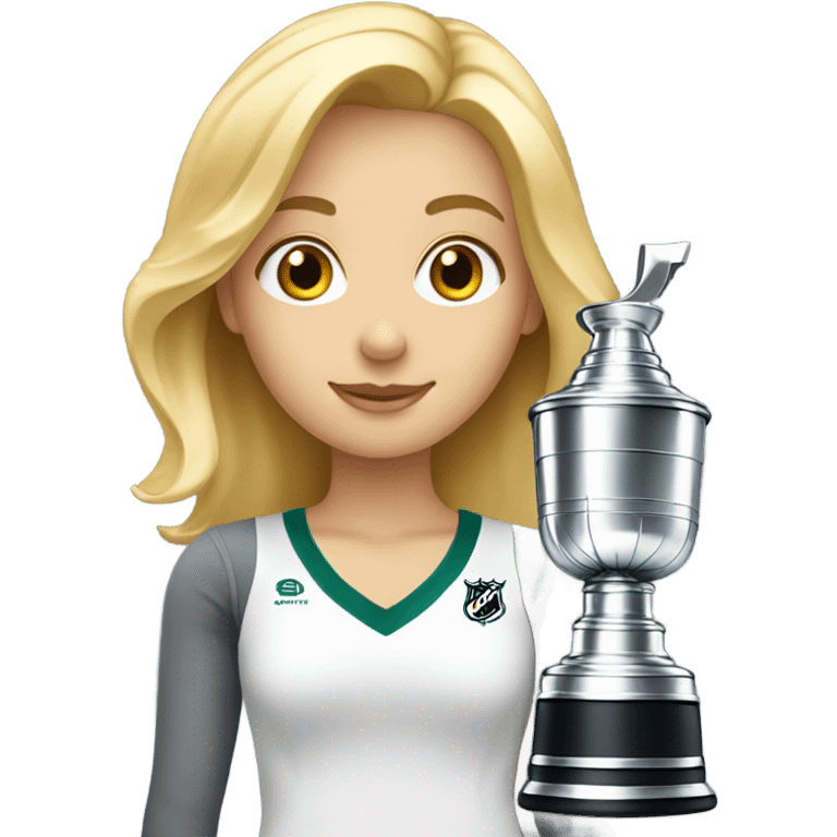 A blonde girl holding a stanly cup emoji