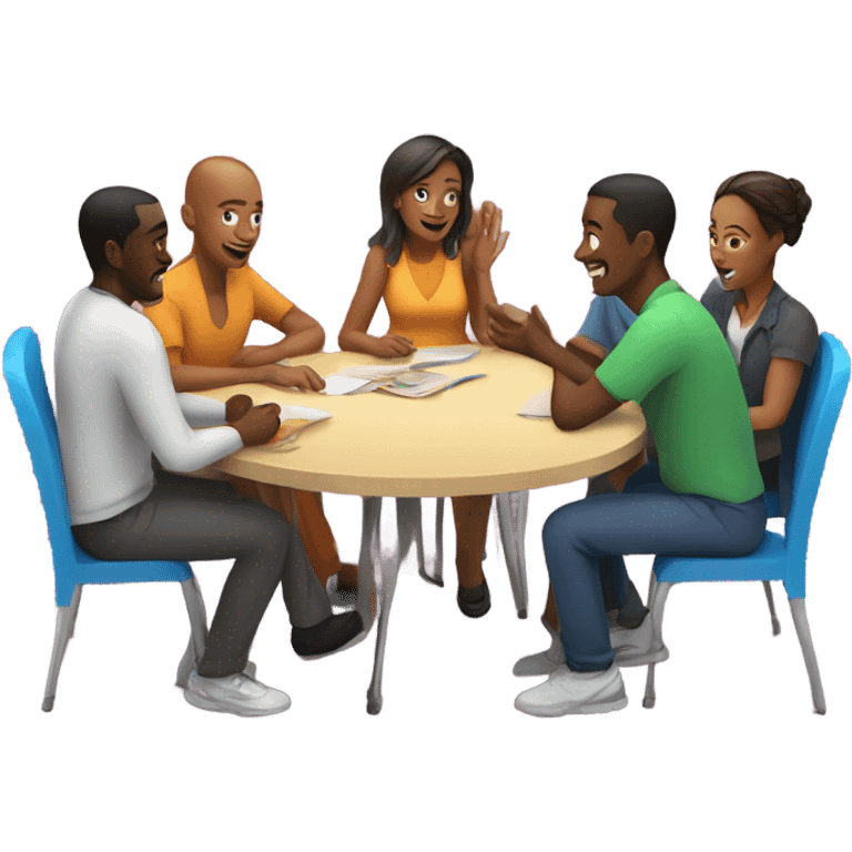 group discussion at a table colorful chairs emoji