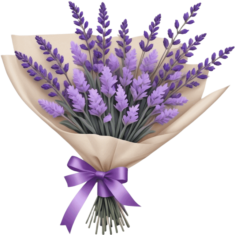 A delicate hand-tied lavender bouquet, featuring wisps of pale lilac and deep amethyst sprigs, is wrapped in parchment paper secured with a dusty plum ribbon. The gentle contrast of fresh and dried stems creates a soft, ethereal look, while the faint scent of lavender lingers like a nostalgic embrace from a bygone era.
 emoji