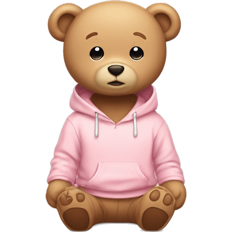 A cute beige teddy bear wearing a light pink hoodie. He is sitting on his butt.  emoji