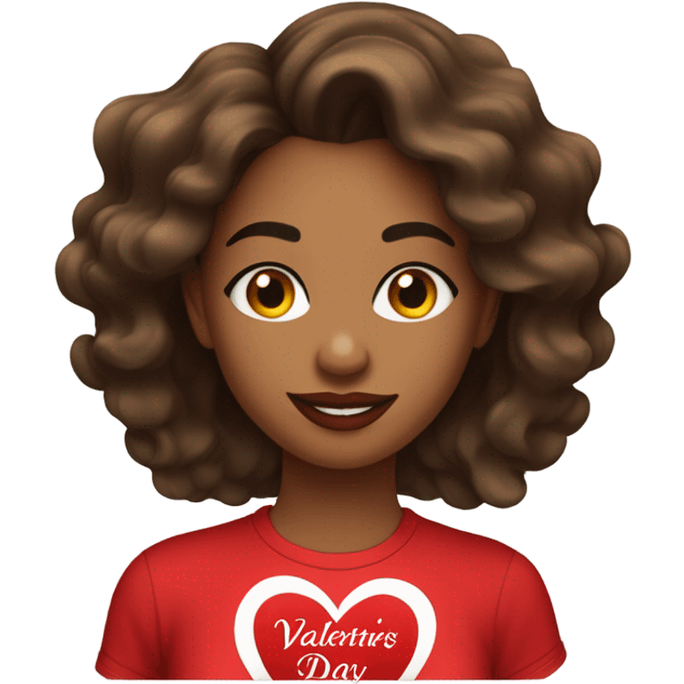 brown lady, medium brown long wavy hair, bright red lips, eyelashes, wearing red “happy Valentine’s Day” t shirt emoji