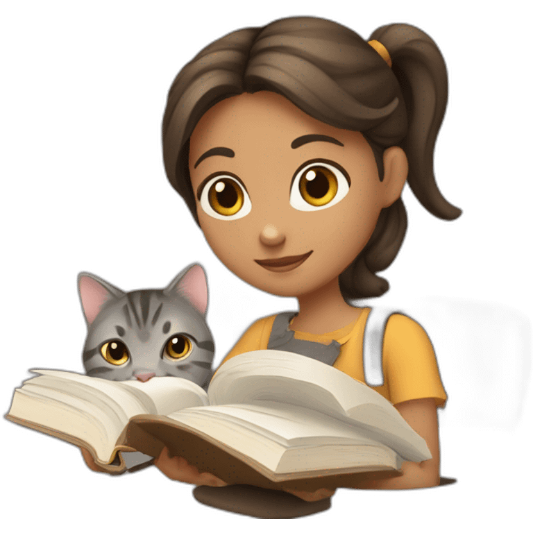 Brown hear Girl working with books and a gray tabby cat emoji