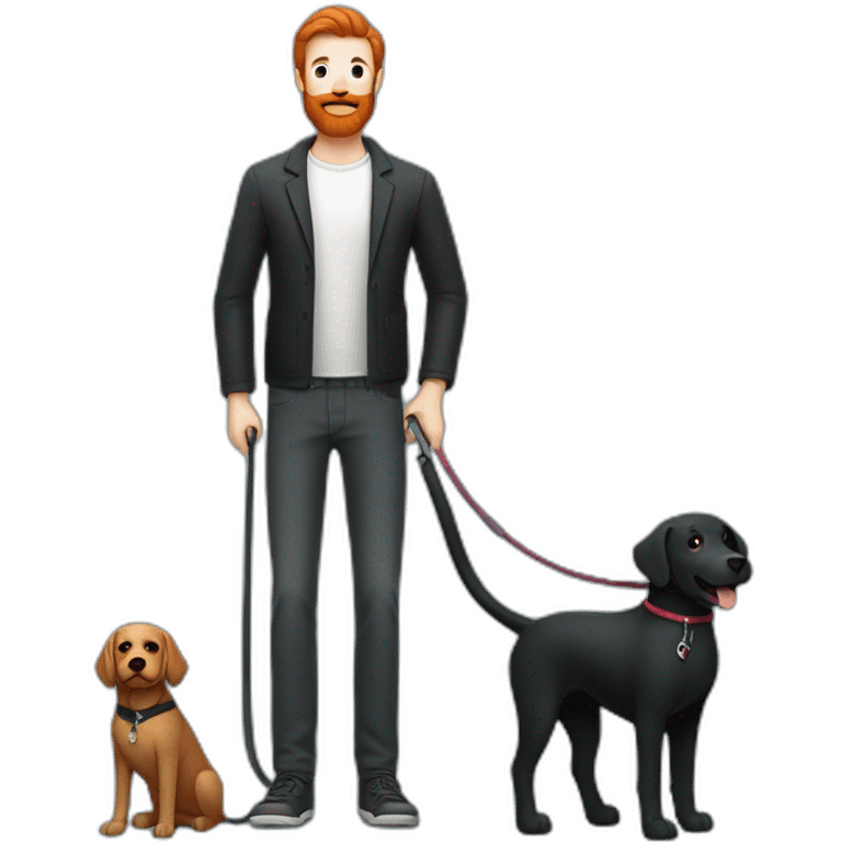 a slender man in a  sporting a red beard and wear casual outfit, standing next to a black Labrador dog, holding it on a leash emoji