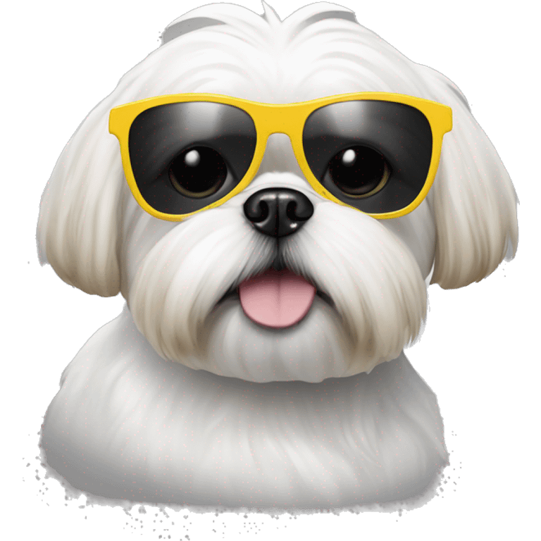 White shihtzu wearing sunglasses with yellow rim emoji