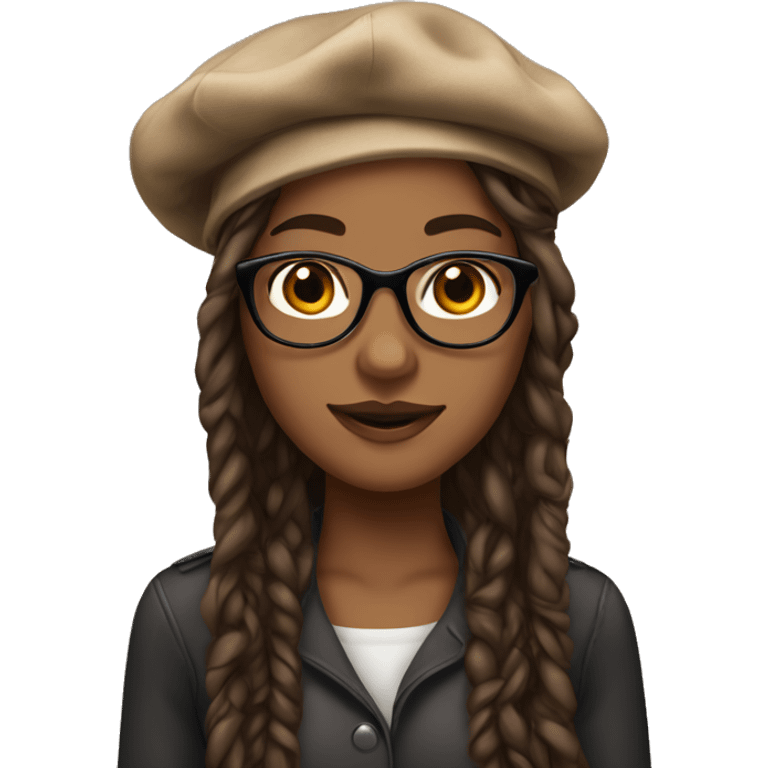 Beautiful brown skin woman with brown eyes, long locs, wearing glasses and a beret  emoji