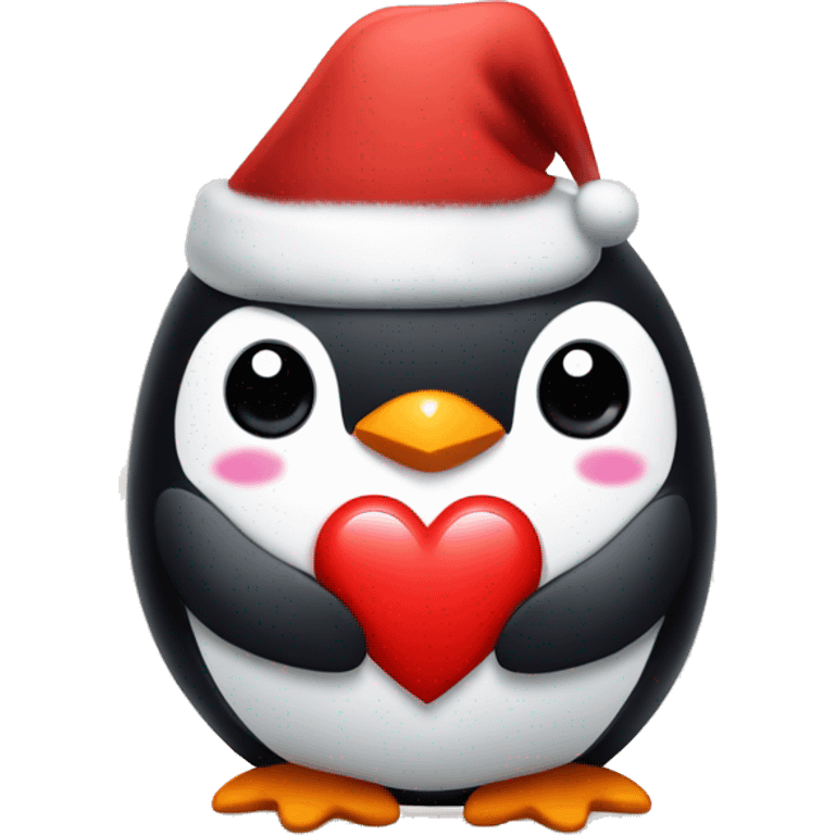 A penguin with a Christmas hat holding a heart emoji