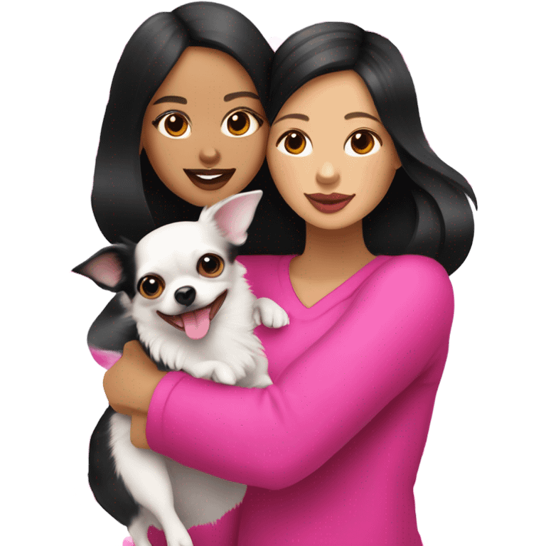 Thick medium black hair with hot pink lips and pink cheek smiling Filipino lady hugging black and white Chihuahua  emoji