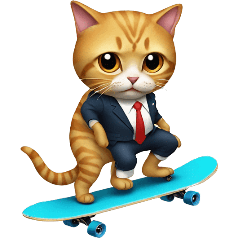 cat dressed like donald trump on a skateboard holding a shark emoji