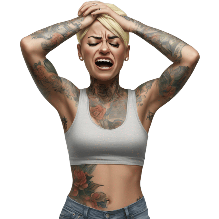 Hyper Realistic Beautiful tattooed woman crying and reaching her arms out emoji