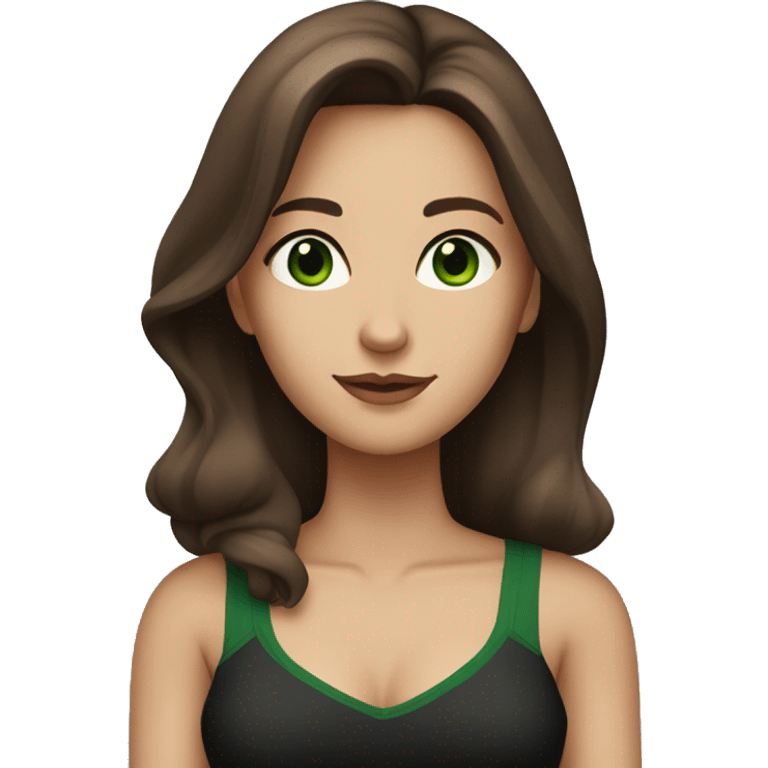 Attractive woman with belly-long chestnut-brown hair and dark green eyes wearing a black top emoji