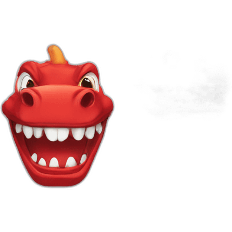 Crazy funny red dragon head with human white teeth and beautiful smile wearing glasses and hat emoji