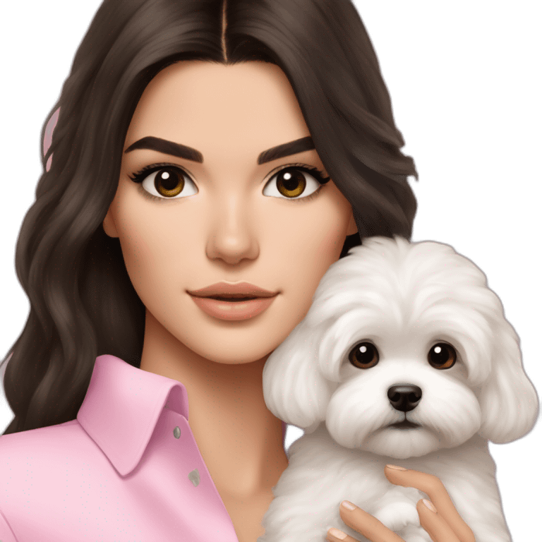 brunette Kendall Jenner with long hair holding on the hands white maltipoo wear in pink collar emoji