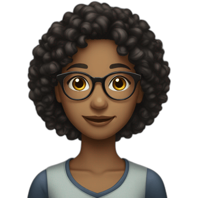 smiling black teenager girl with long black curly hair and round glasses emoji