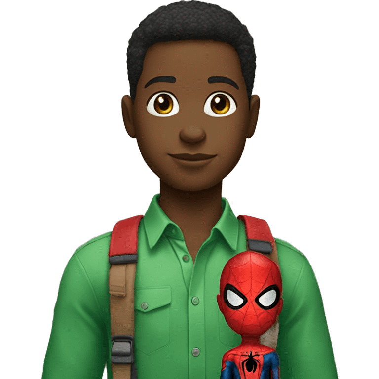 Boy wearing a green blouse with a J on his blouse with a spider man doll on his shoulder  emoji