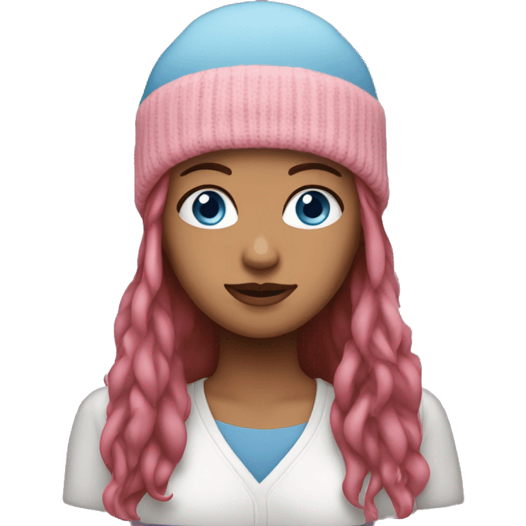 woman with blue eyes, long brown hair, and pink beanie emoji