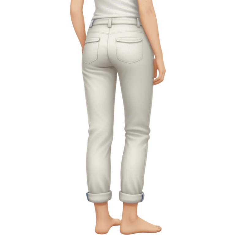 Barefoot long blonde haired girl in rolled up pants and white top right hand in back pocket from the back emoji