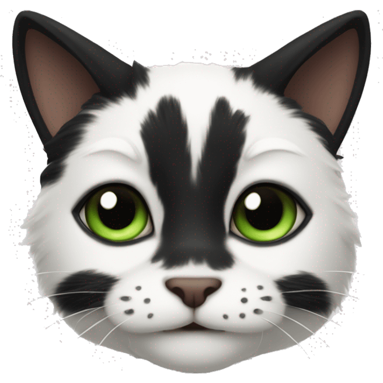 A black and white cat, his fur looks like a cow, his eyes are green emoji