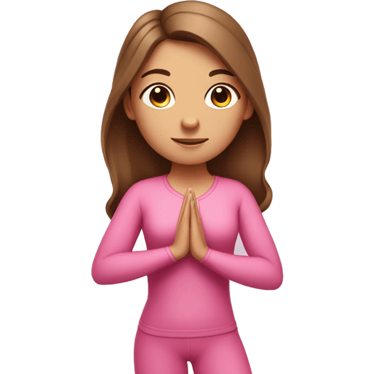 A girl with brown long hair and fair skin stands in a yoga pose in a pink suit emoji