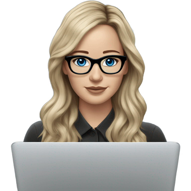 Realistic Photo of Brunette Jennifer Lawrence wearing black glasses and blue eyes  on a laptop  emoji