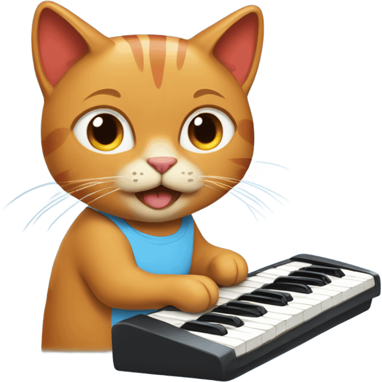 tan-red cat wearing a light-blue t-shirt taps musical keyboard emoji