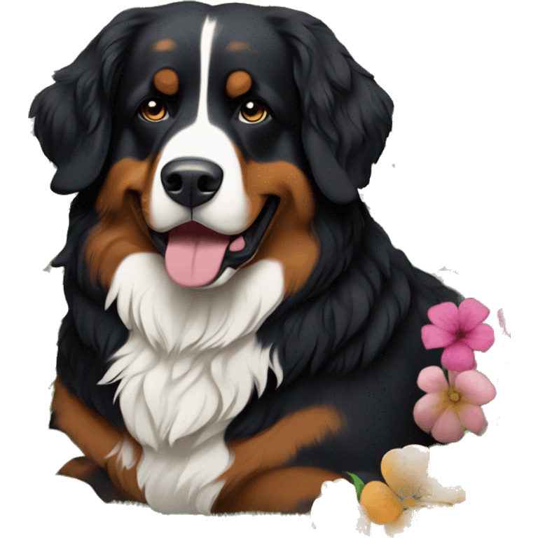 Bernese mountain dog in flower bed emoji