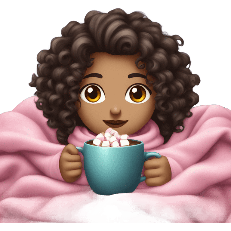 Light skin girl with dark dark brown curly hair under our pink blanket,make her look like a young  make it so you can see the curly hairsipping hot cocoa with marshmallows, cuddled around the blanket, long curly hair, long, medium lashes emoji