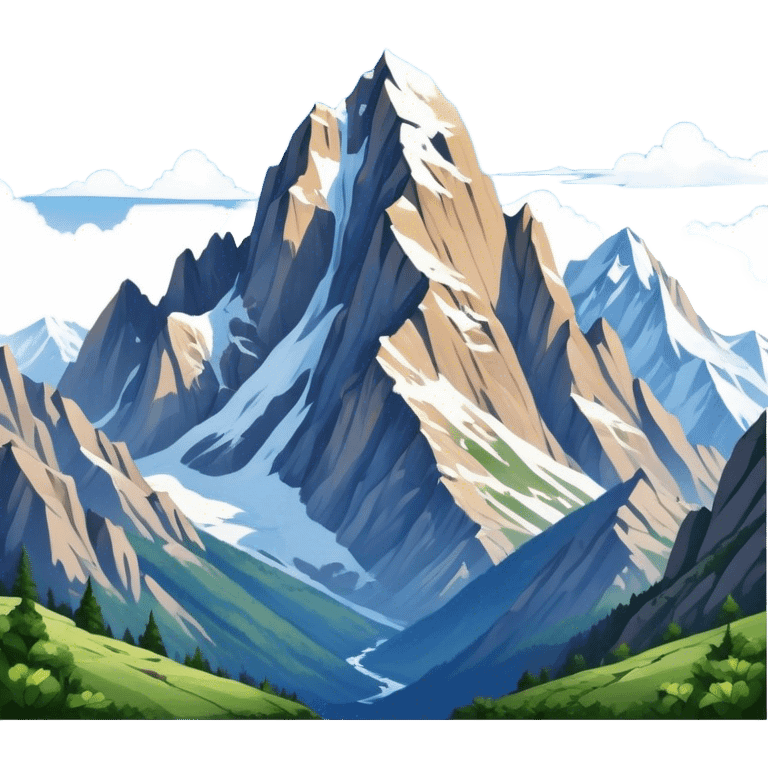 Cinematic Realistic Mountain Emoji, Majestic and towering, with craggy, snow-capped peaks rising sharply against a deep blue sky. The rugged terrain is dotted with rocky outcrops and patches of greenery, with clouds swirling around the higher reaches. Soft glowing outline, capturing the essence of ancient strength and natural beauty in a towering mountain! emoji