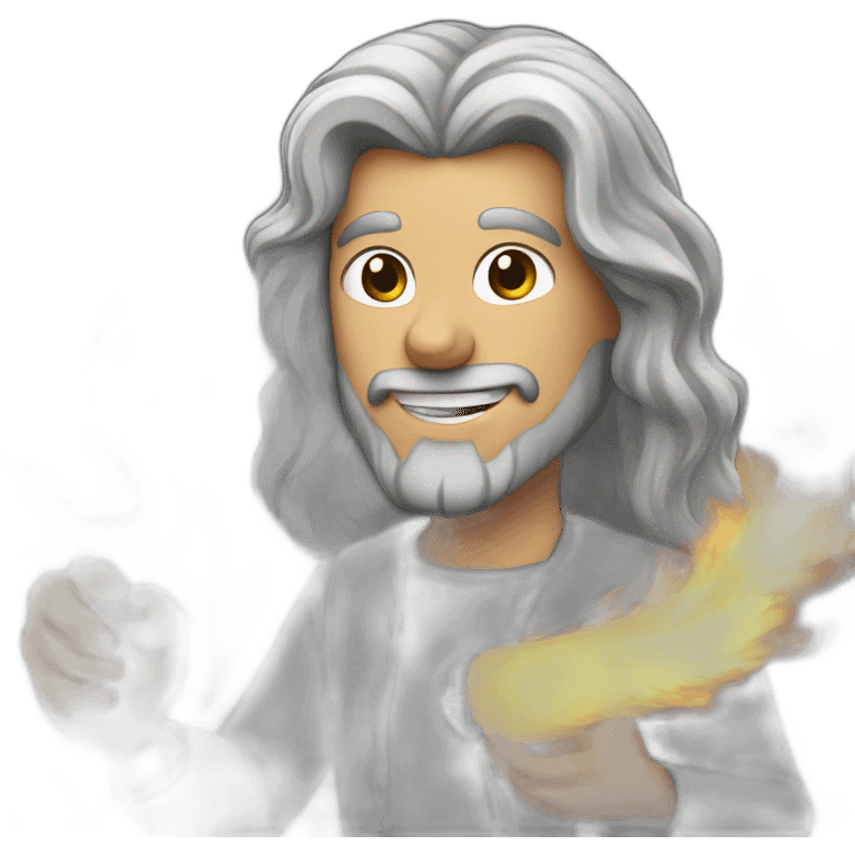 Grey long haired man doing fireshow emoji