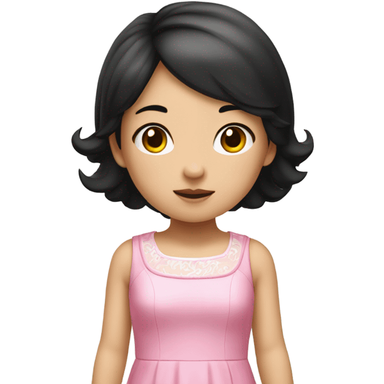 2 twin asian female kid standing up wearing cute pink dress, black hair and white skin emoji