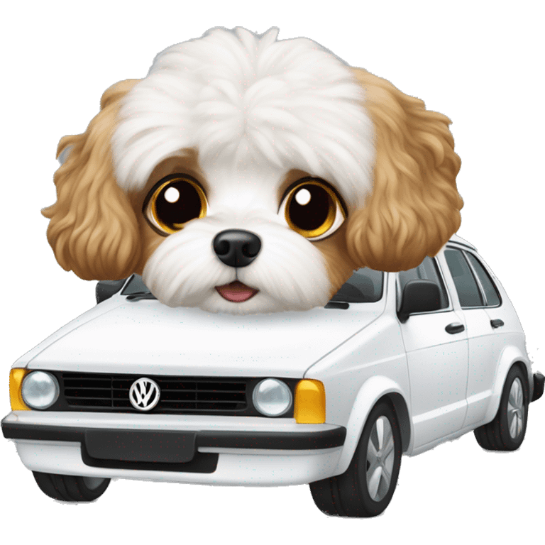 cavoodle driving white volkswagen passat emoji