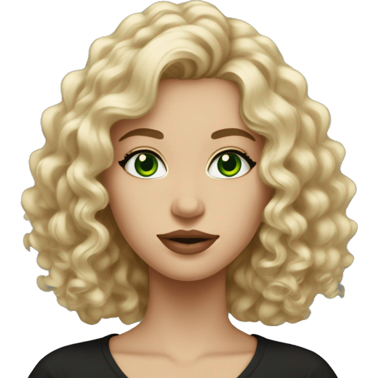 Woman blonde curly medium length hair, green eyes, neutral lips black shirt emoji